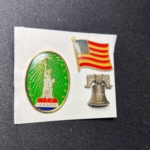 Patriotic Hat Pin Set with Statue of Liberty, Flag and Liberty Bell